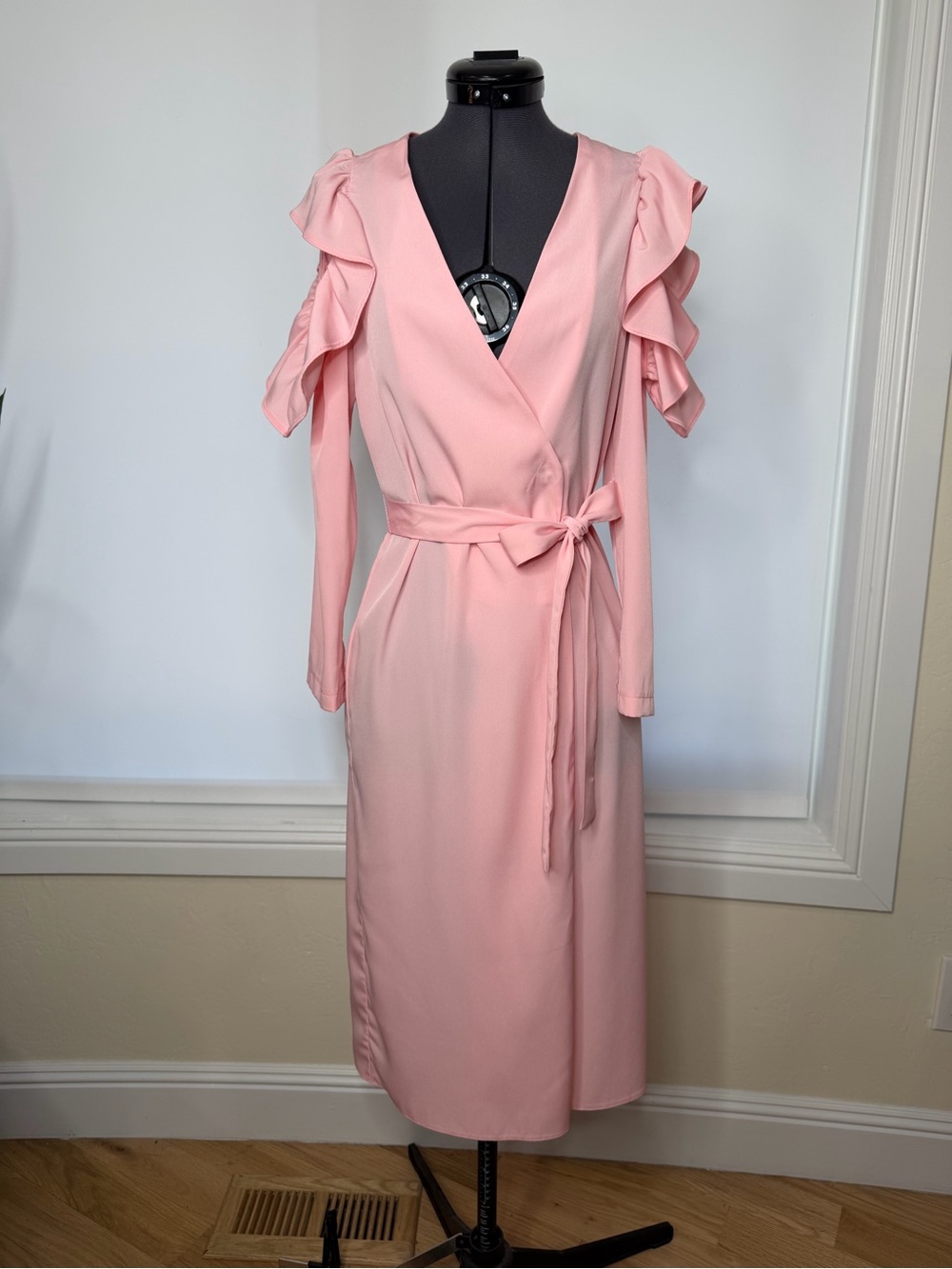 Topshop Blush Pink Wrap Midi Dress with Cold Shoulder Ruffle Sleeves